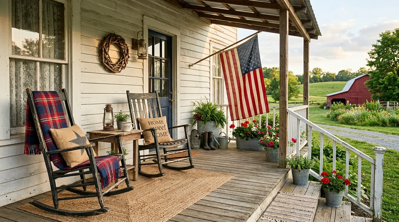 Farmhouse porch with distressed furniture, planters, and patriotic decor