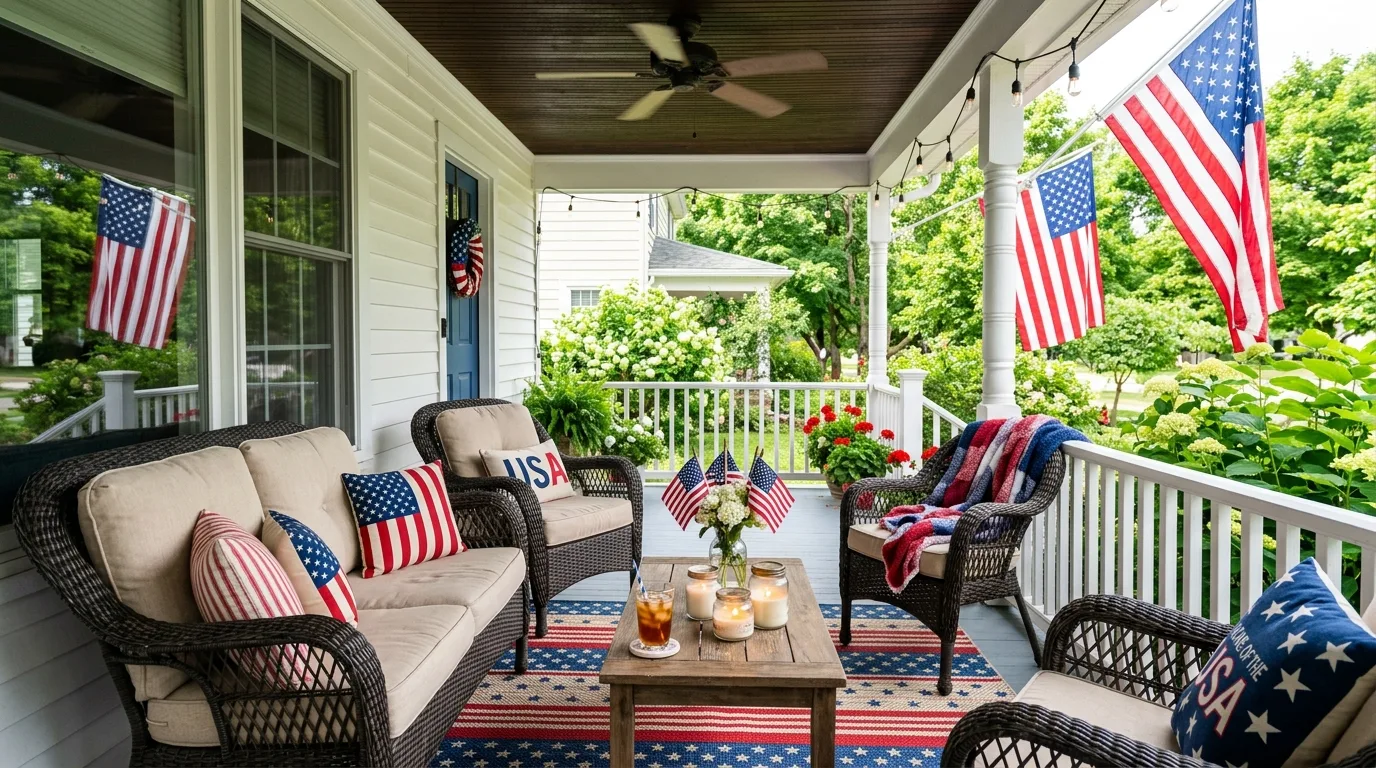 Summer porch with patriotic outdoor rug, coffee table, candles, and flags