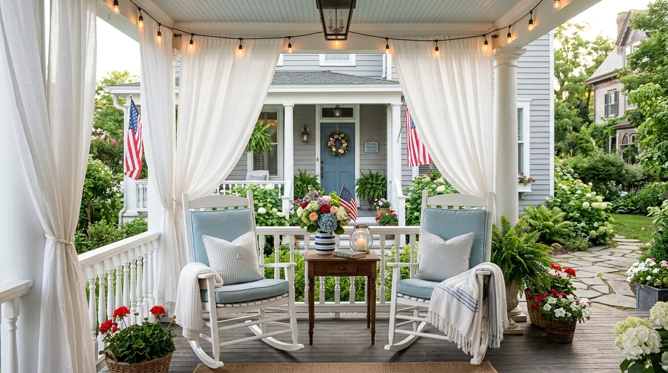 Elegant porch with white rocking chairs, blue cushions, and subtle patriotic accents