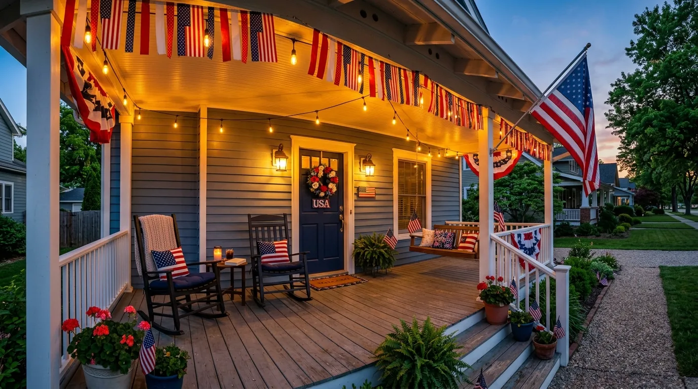 Front porch with string lights and patriotic banners in the evening