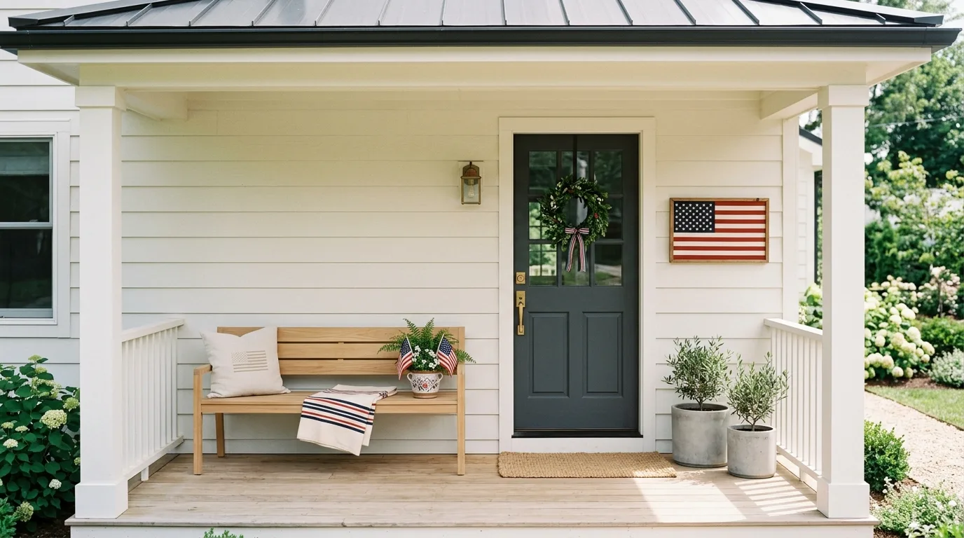 Minimalist Memorial Day porch with simple bench and subtle patriotic accents
