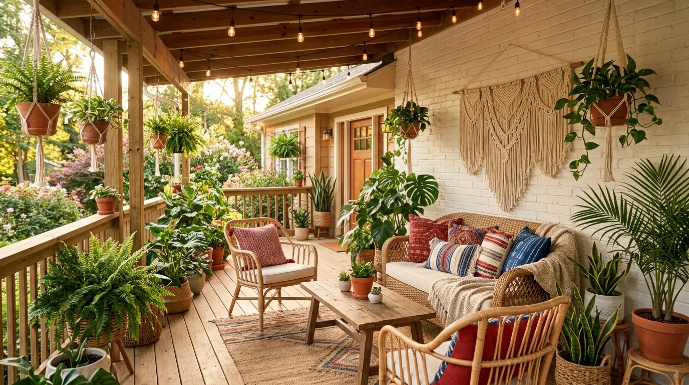 Boho style porch with woven furniture and red white blue pillows