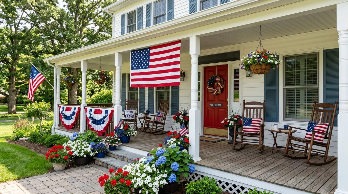 Classic American porch with flag display, rocking chairs, and seasonal flowers