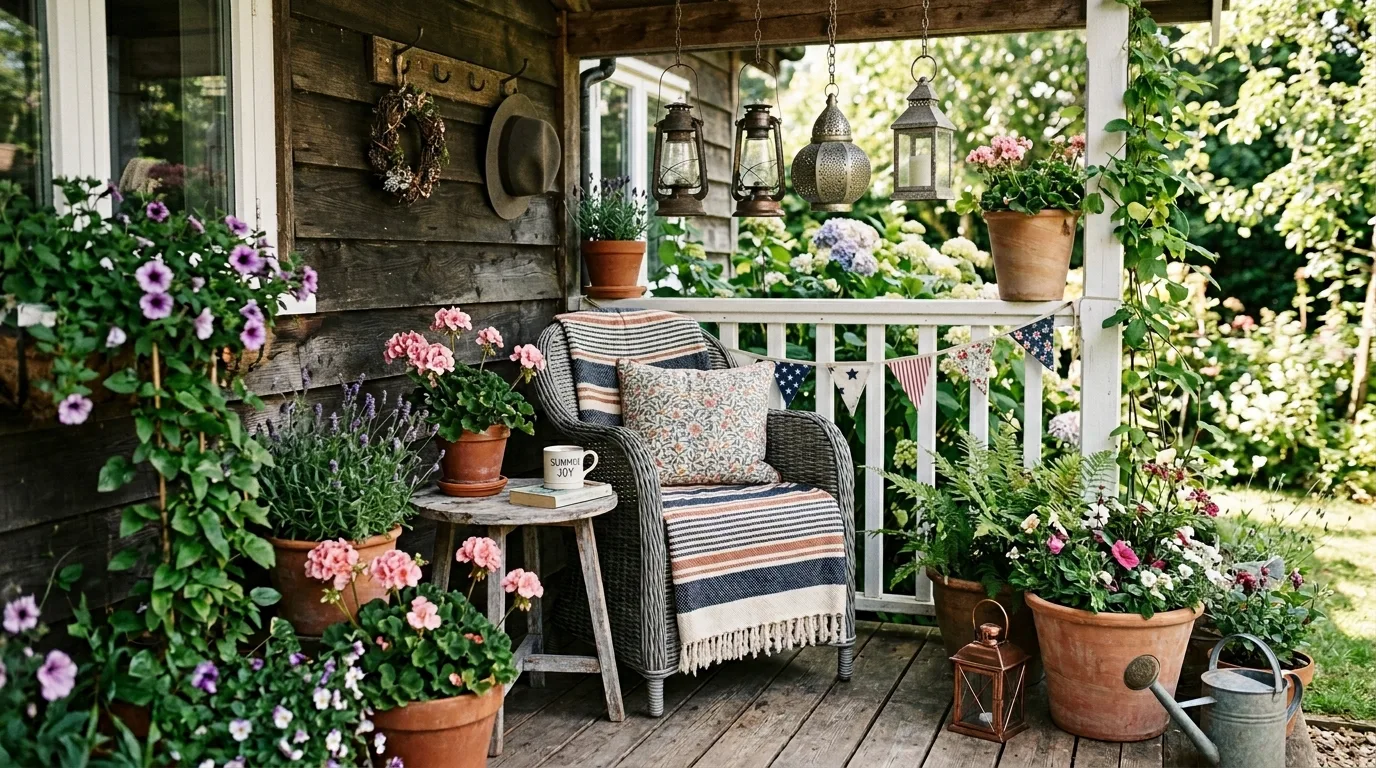 Small porch corner with compact seating, lanterns, mini flags, and flower pots