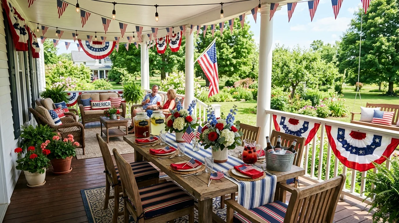 Outdoor porch seating area styled for Memorial Day gathering with bunting and drinks