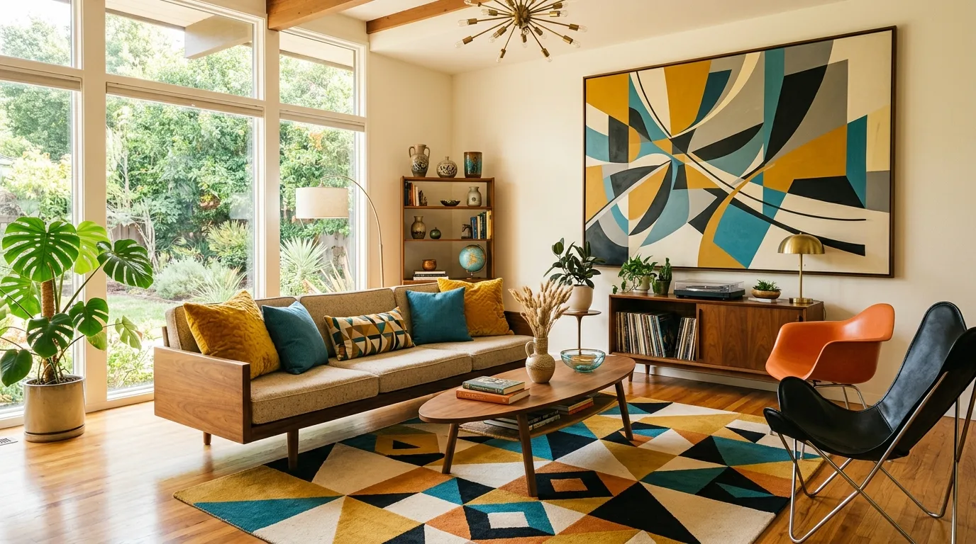 Mid-century modern living room with walnut sofa, geometric rug, and abstract wall art