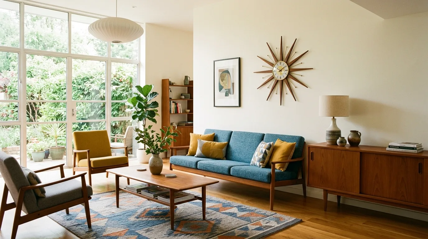 Sleek mid-century living room with teak wood furniture, tapered legs, and a sunburst wall clock