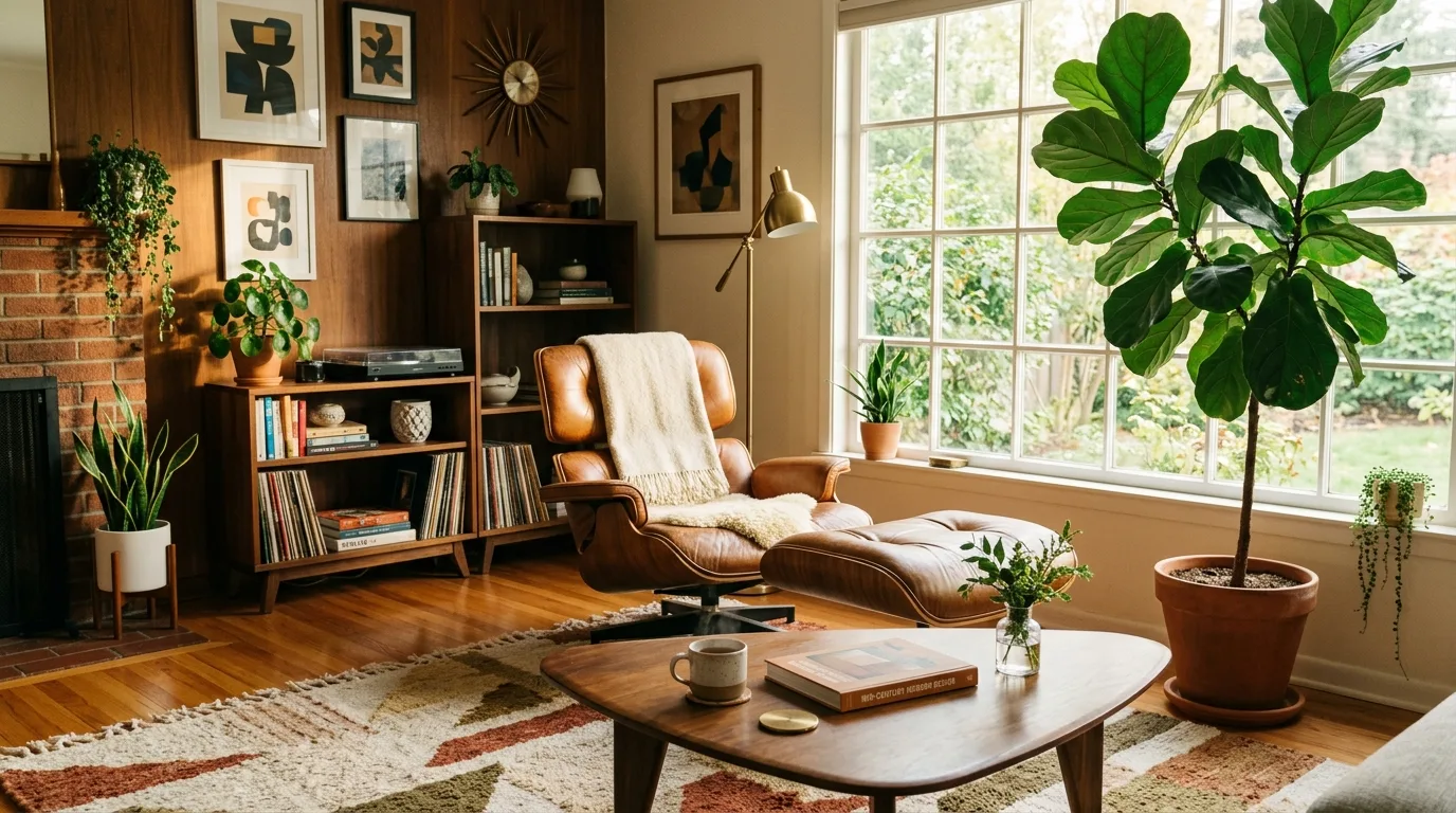 Cozy mid-century modern living room with leather armchair, walnut coffee table, and indoor plants