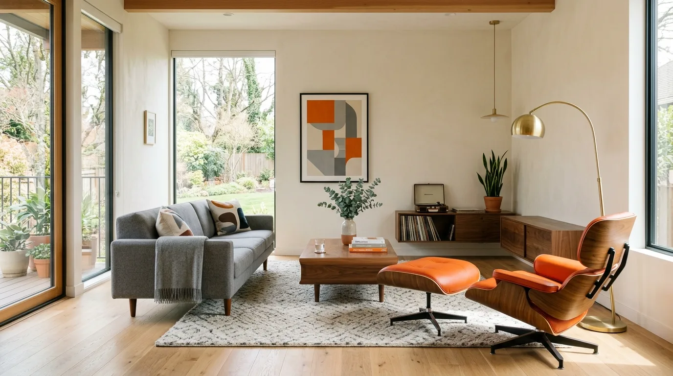 Minimalist mid-century living room with neutral walls, clean lines, and bold orange accent chair