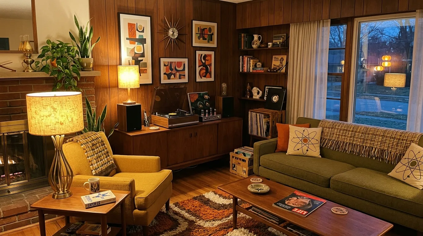 Vintage inspired mid-century living room with record player, retro lamp, and wood paneling