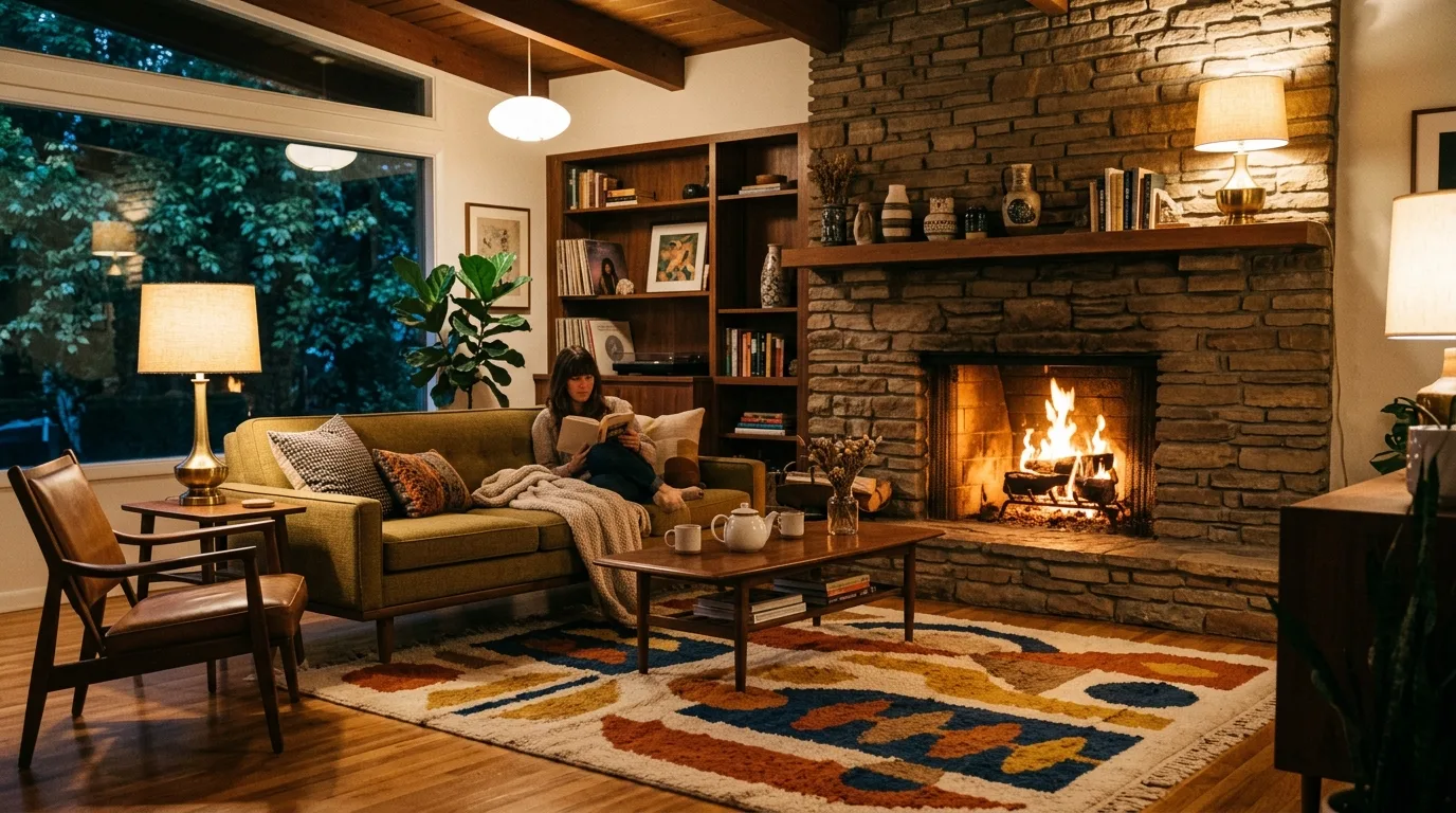 Mid-century modern living room featuring a stone fireplace, low sofa, and abstract patterned rug