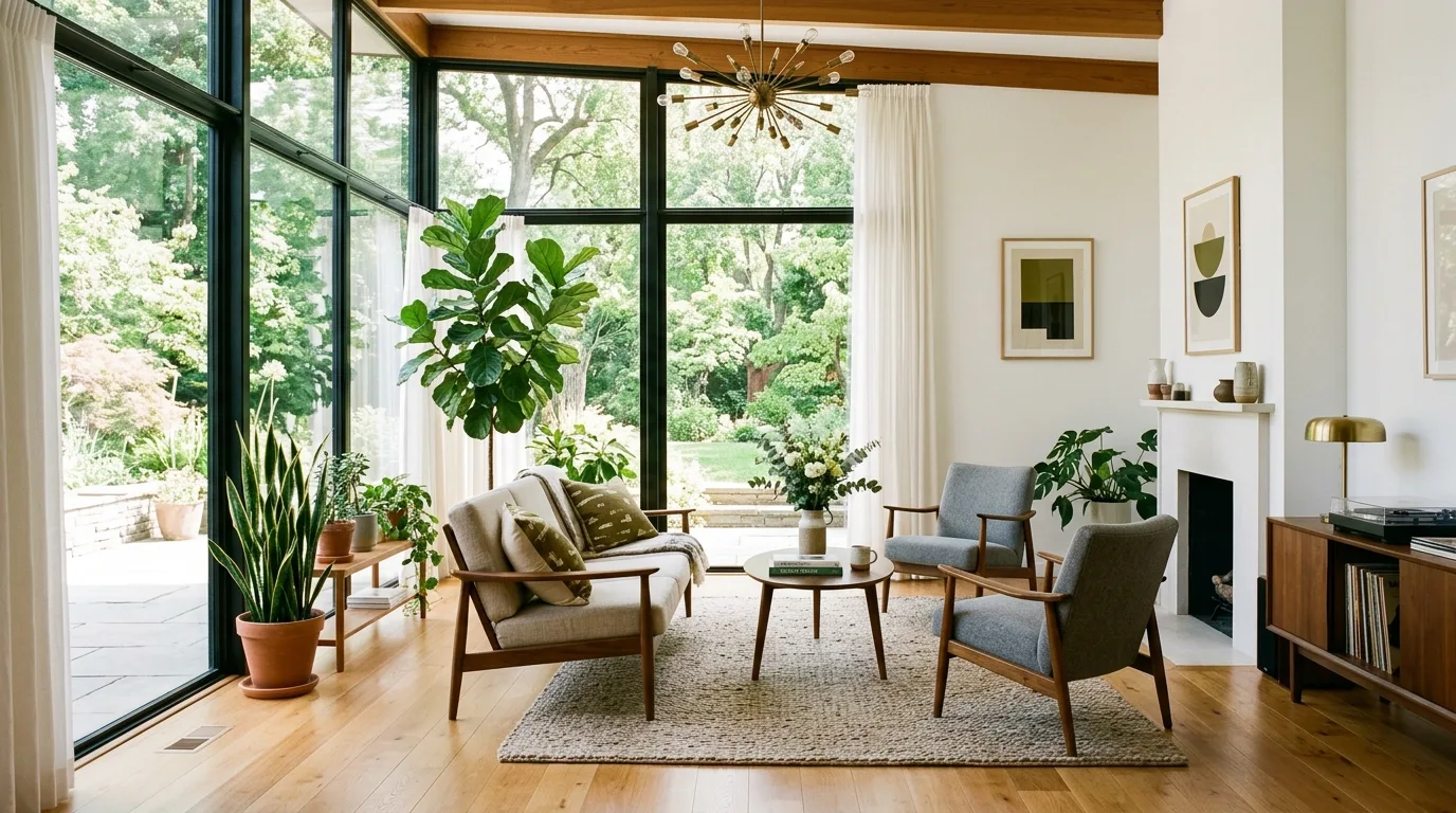 Bright living room with floor to ceiling windows, simple mid-century furniture, and indoor greenery