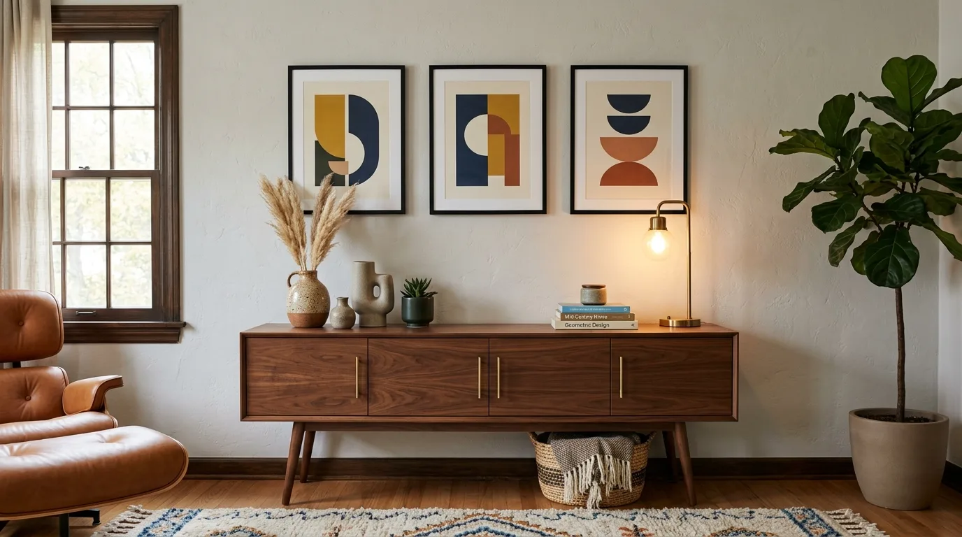 Mid-century modern setup with walnut console, ceramic decor, and framed geometric prints