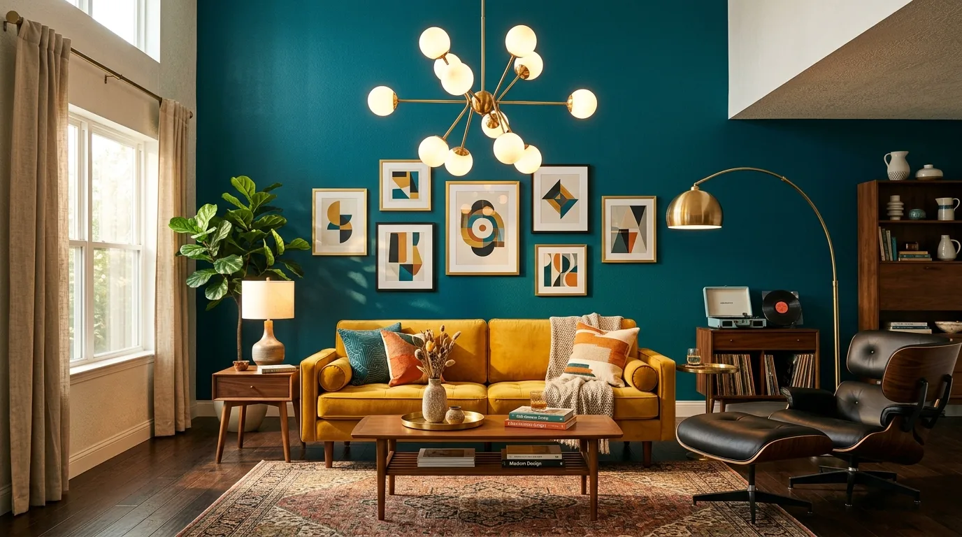 Bold mid-century living room with mustard yellow sofa, teal accent wall, and sculptural lighting