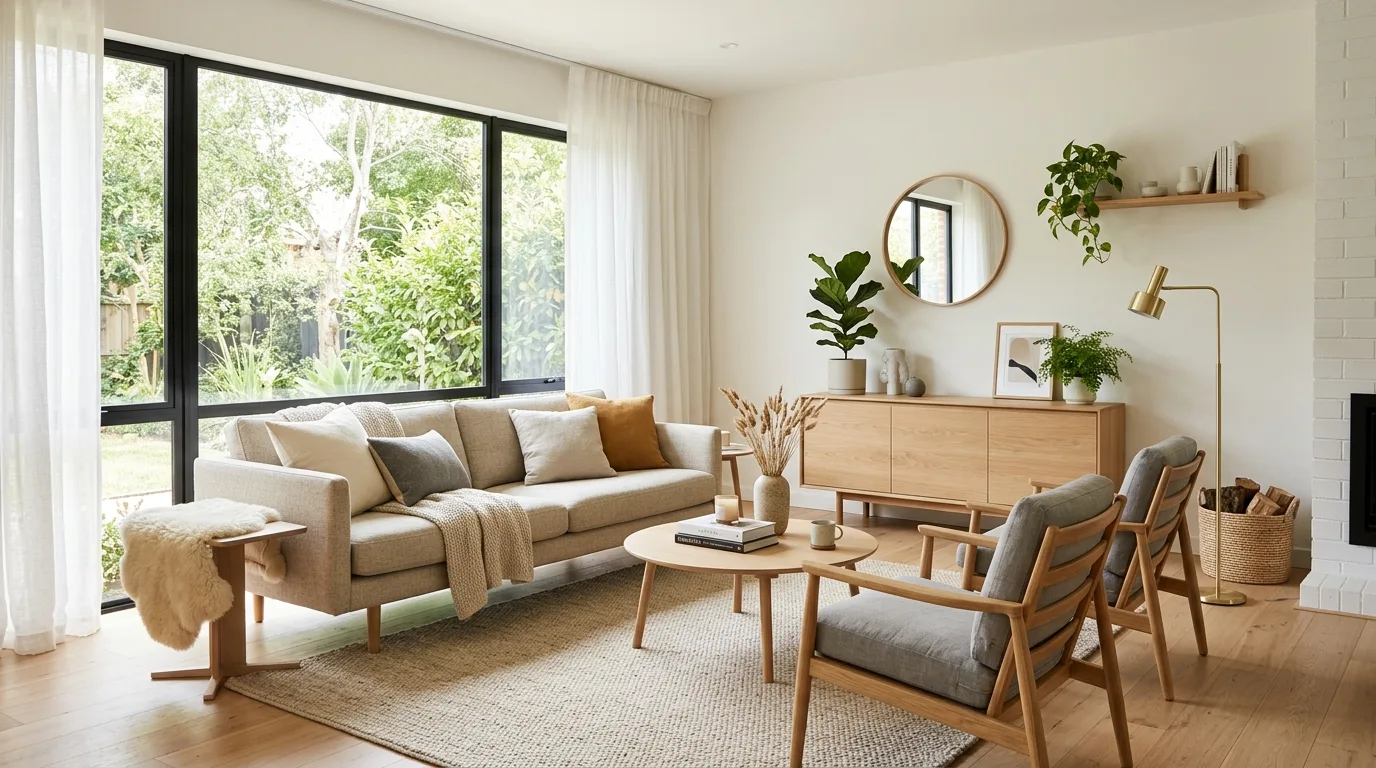 Scandinavian mid-century fusion living room with light wood tones and soft neutral palette
