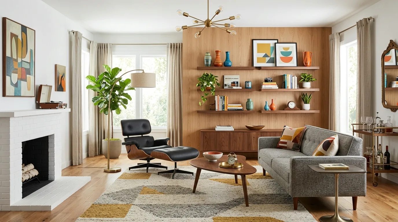 Modern mid-century living room with floating shelves, sleek furniture, and retro inspired decor accents