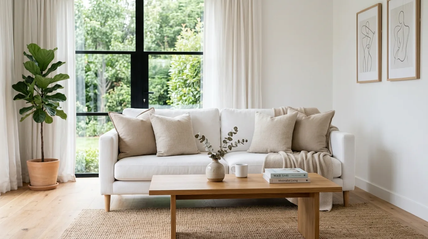 Minimalist living room with a white sofa and simple wood furniture