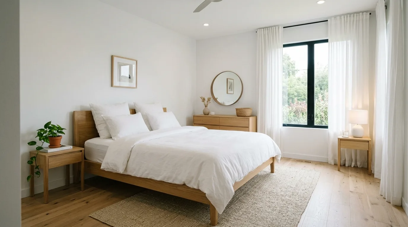 Modern minimalist bedroom with white bedding and light wood furniture