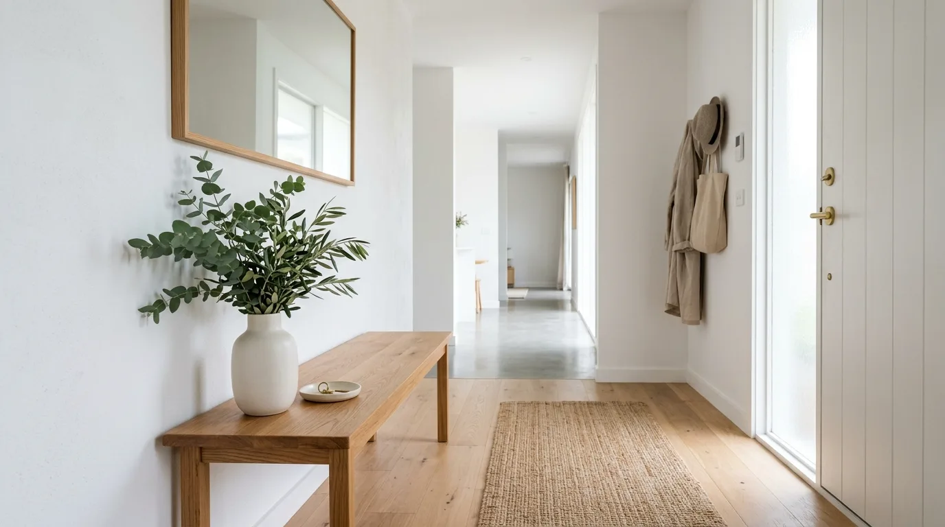 Minimalist entryway with wooden bench and greenery