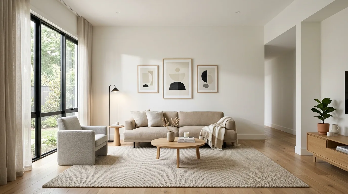 Neutral minimalist living room with abstract wall art