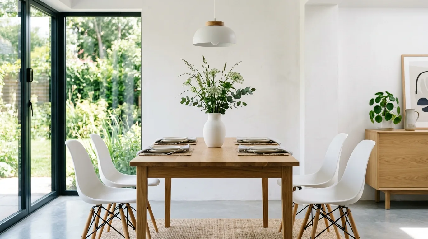 Minimalist dining area with wood table and white chairs
