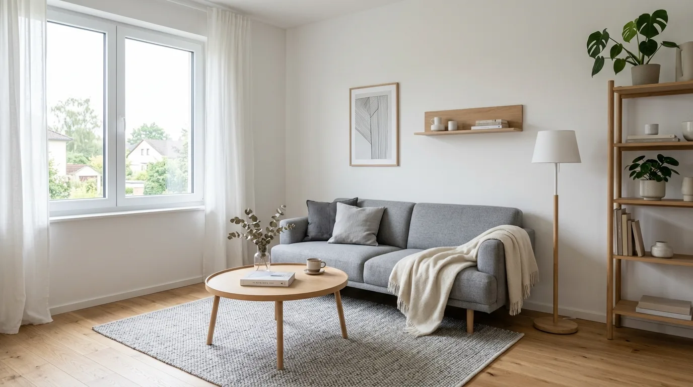 Scandinavian-style minimalist room with light wood and gray tones