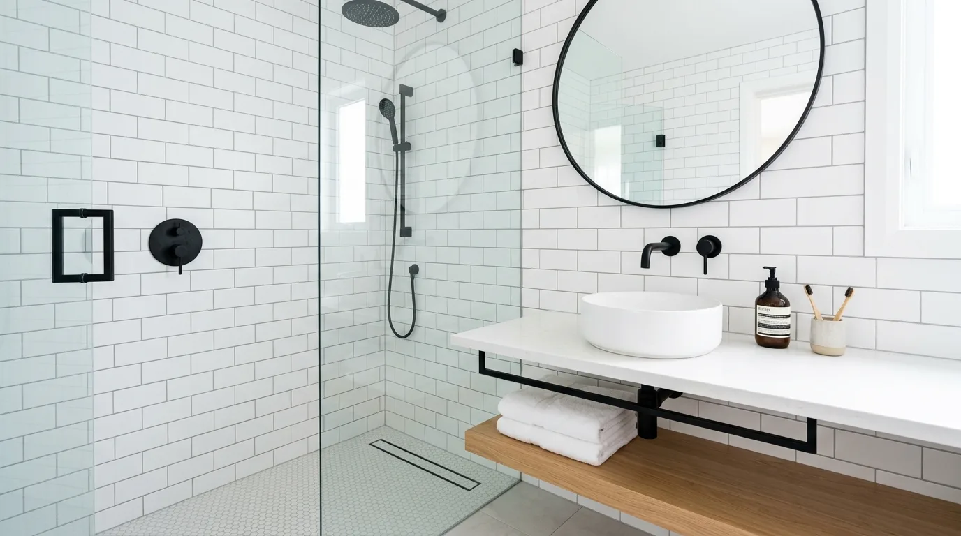 Minimalist bathroom with white tile and black fixtures