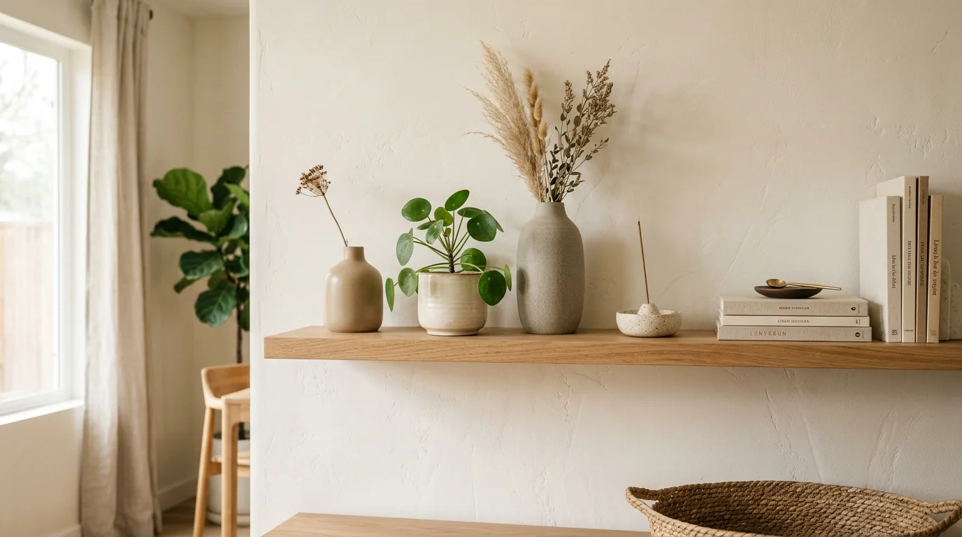 Minimalist shelf with neutral decor objects and small plants