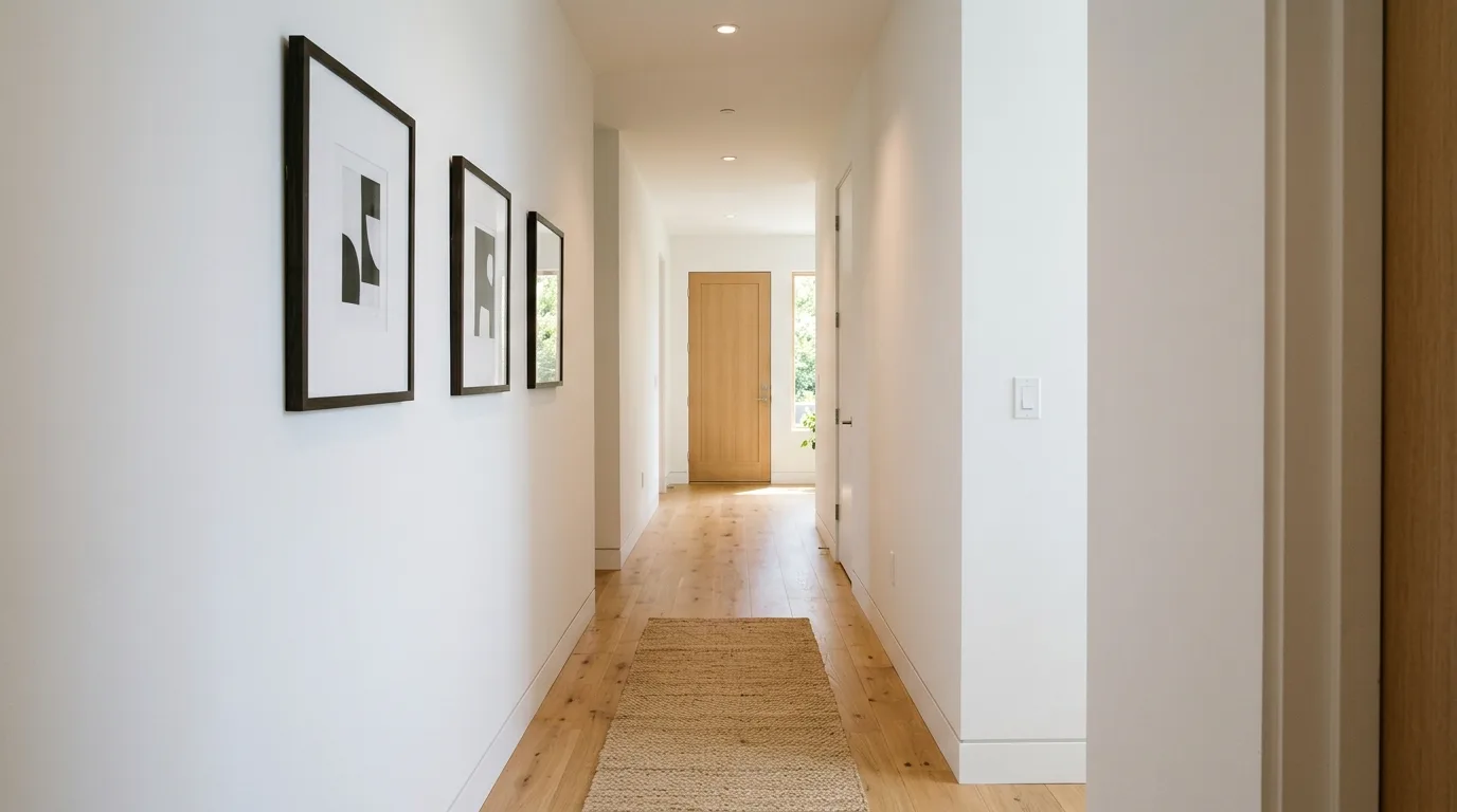 Minimalist hallway with white walls, simple art, and wood flooring