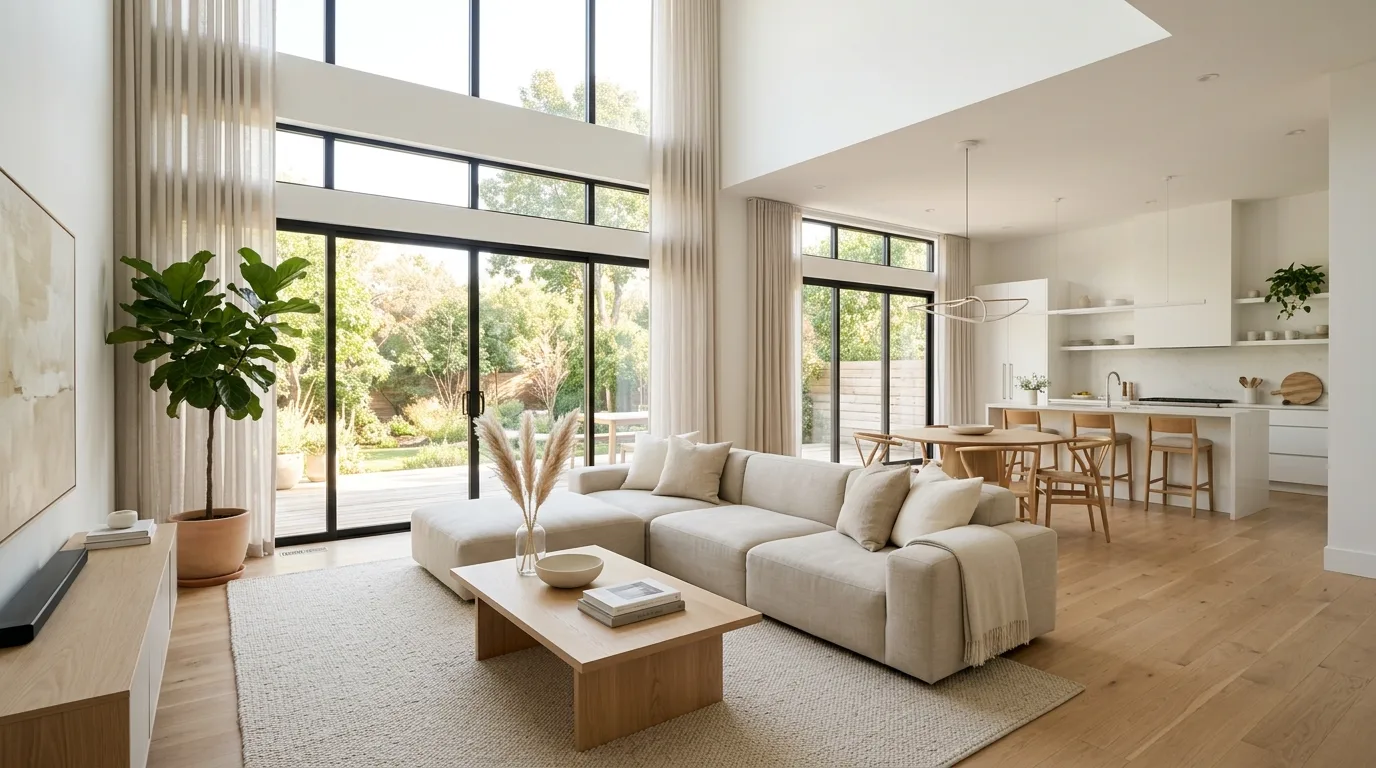 Modern minimalist living space with open layout and large windows
