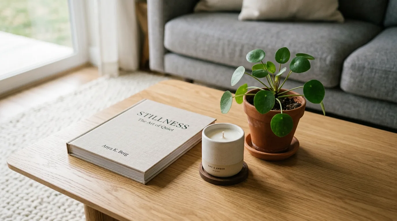 Minimalist coffee table with a book, candle, and plant