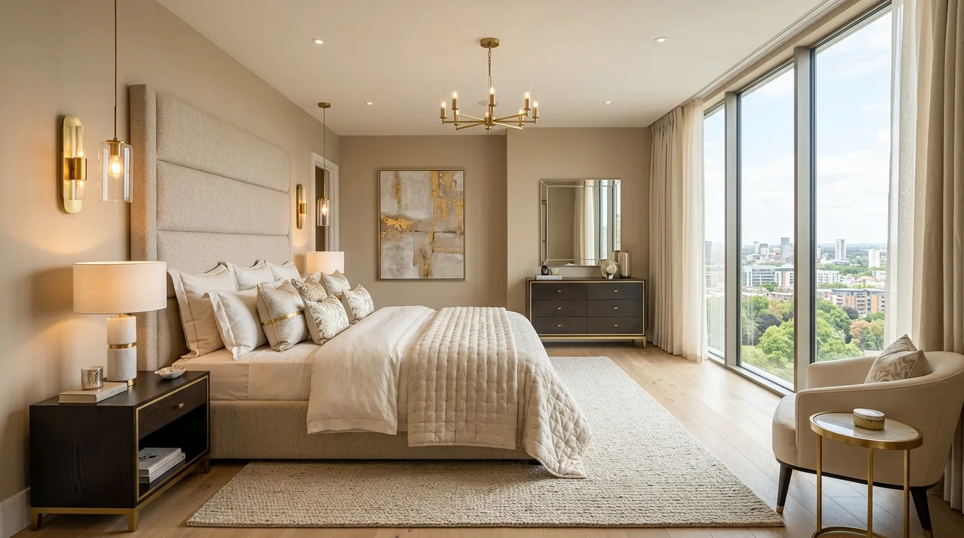 Modern luxury bedroom with upholstered bed and warm neutral palette
