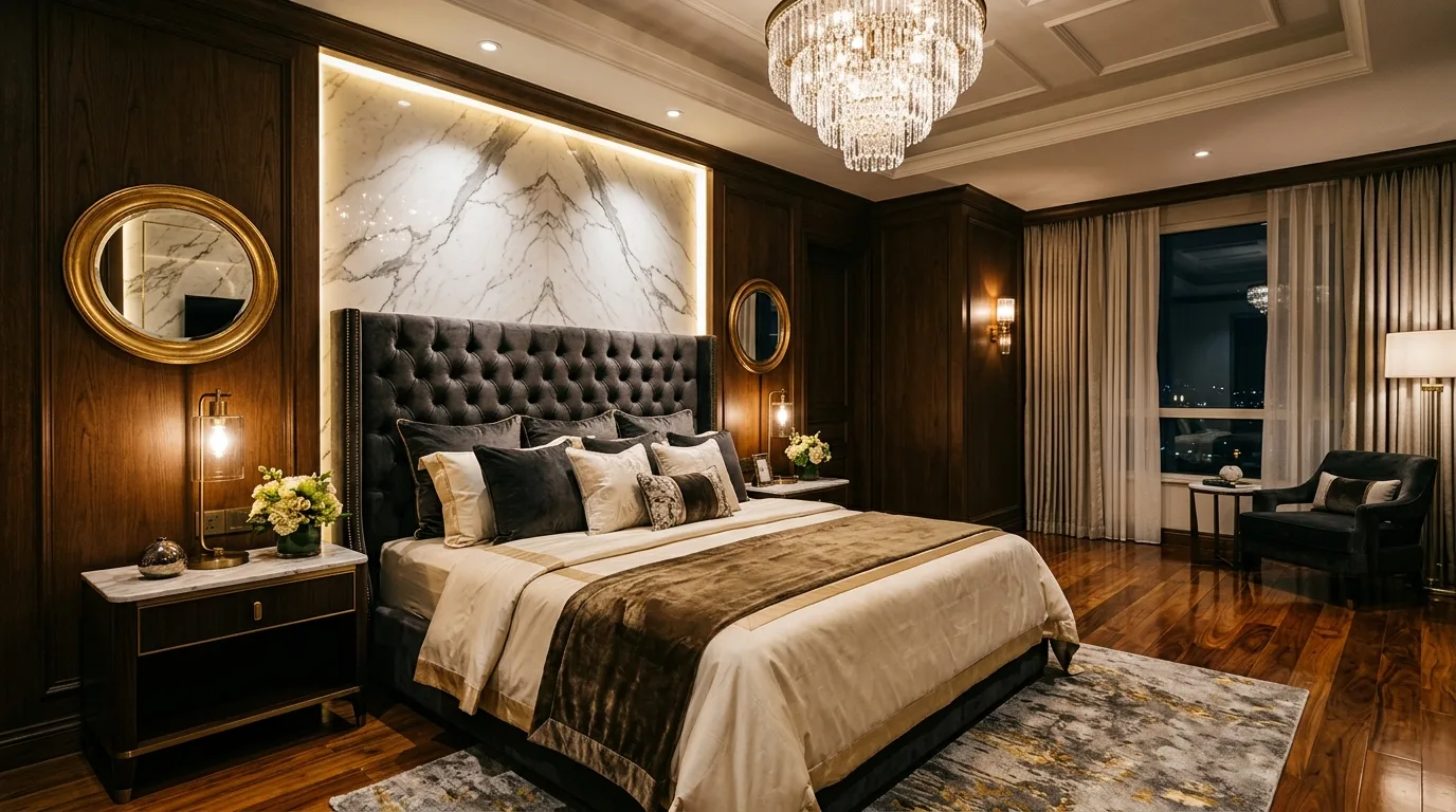 Elegant luxury bedroom with velvet headboard, marble wall, and chandelier
