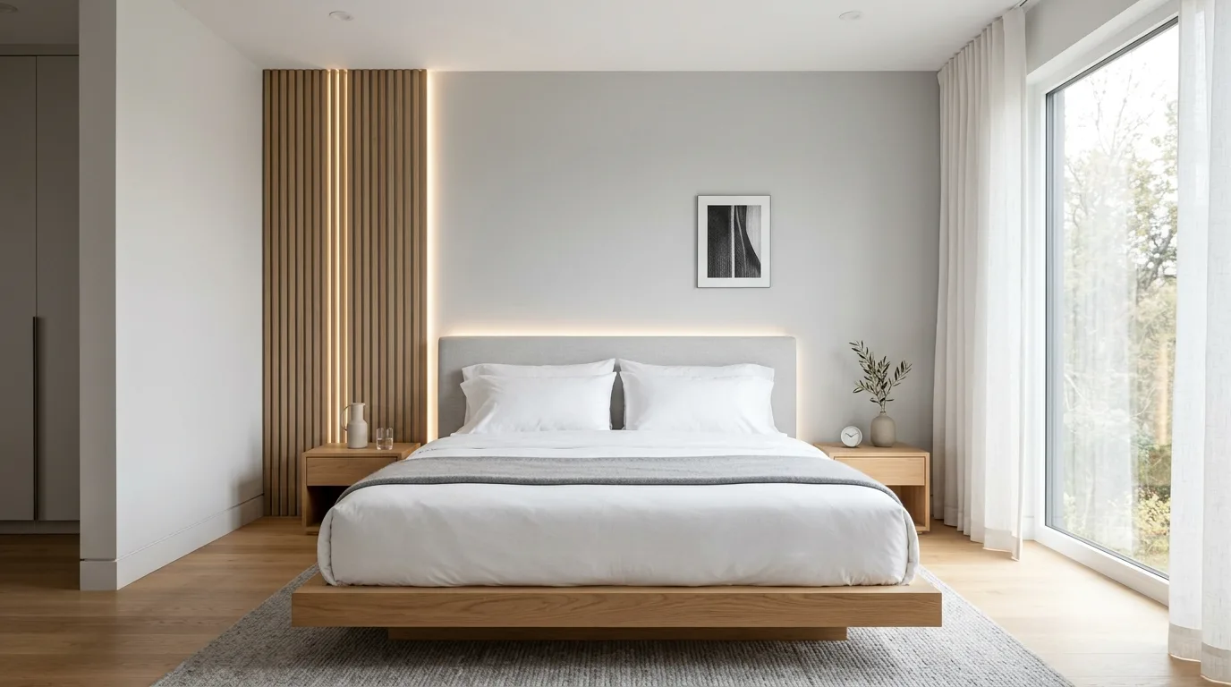 Minimalist modern bedroom with low platform bed and built in LED lighting