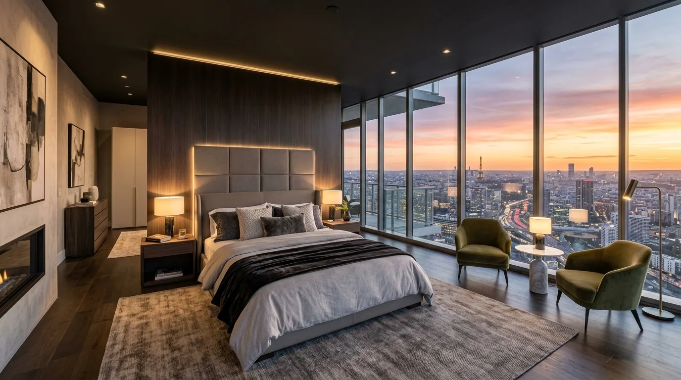 High end bedroom with panoramic city view, glass walls, and plush bedding