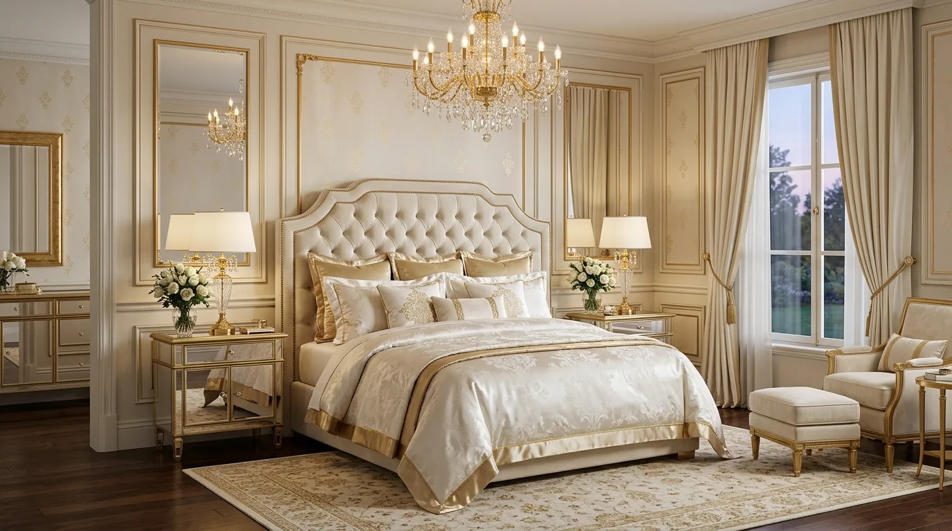 Luxury bedroom with tufted headboard, mirrored nightstands, and silk bedding