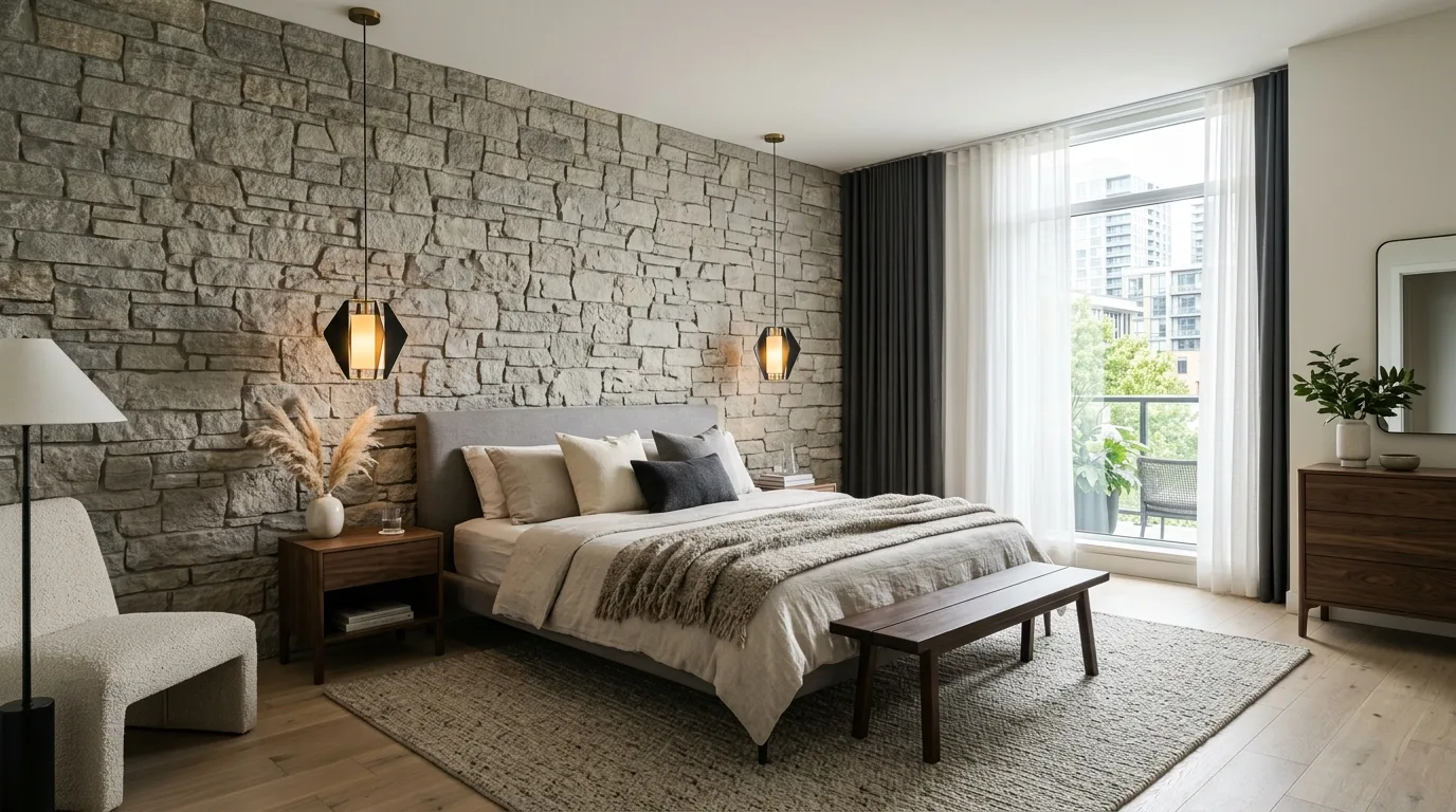 Contemporary bedroom with textured stone accent wall and modern pendant lights