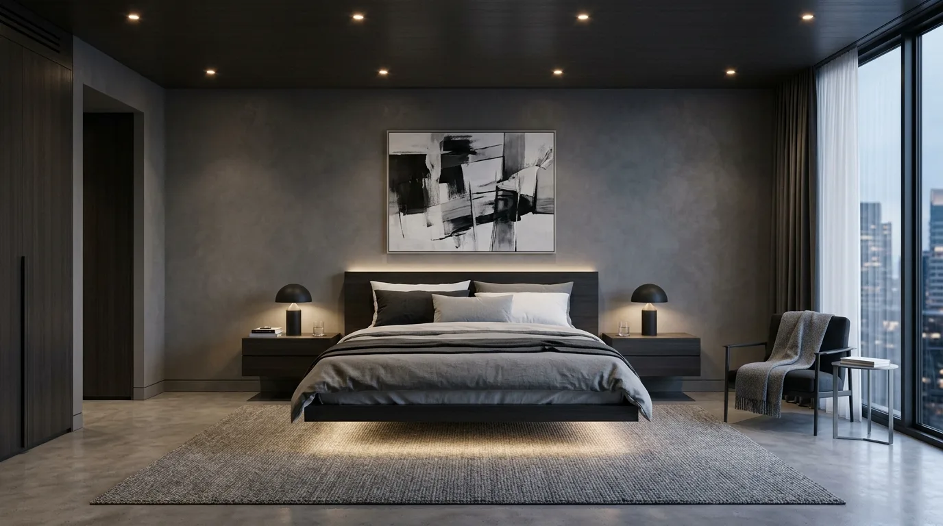 Minimal luxury bedroom with floating bed and recessed ceiling lights