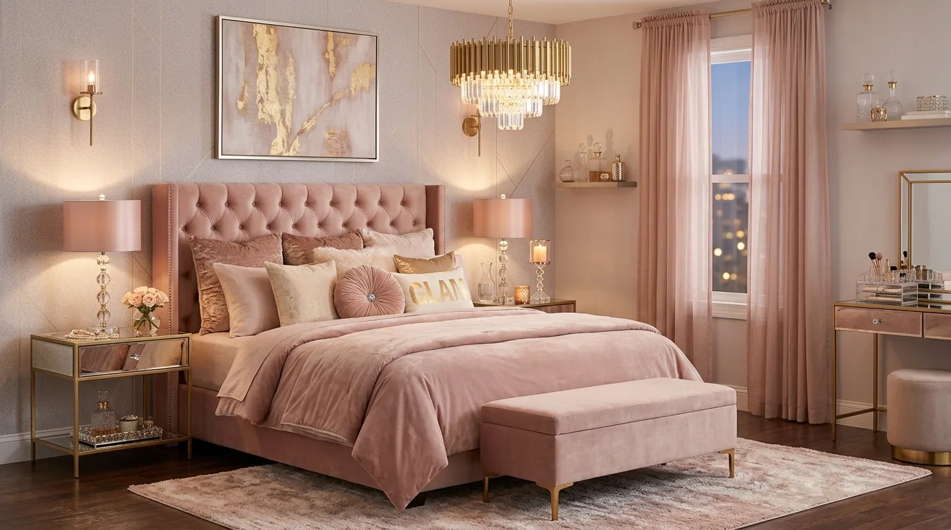 Modern glam bedroom with blush tones, metallic accents, and velvet textures