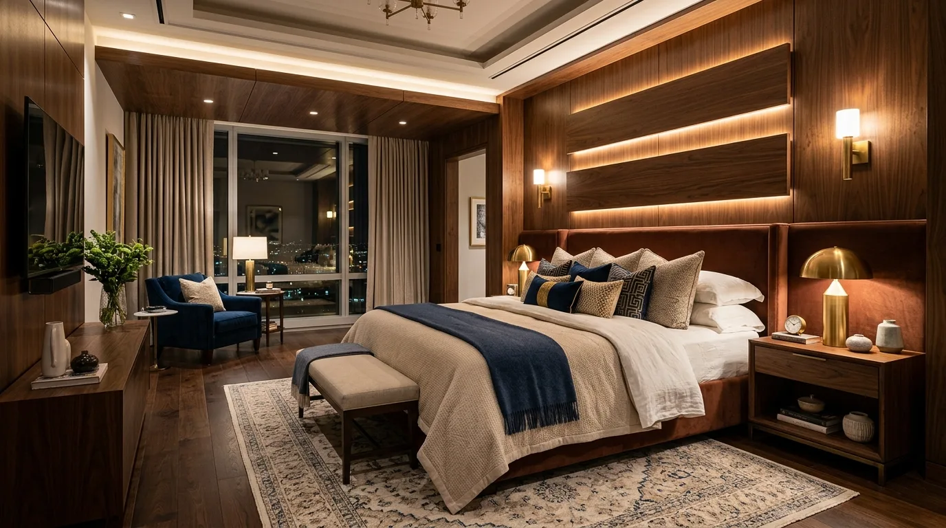 Luxury hotel style bedroom with layered bedding and warm wood panels