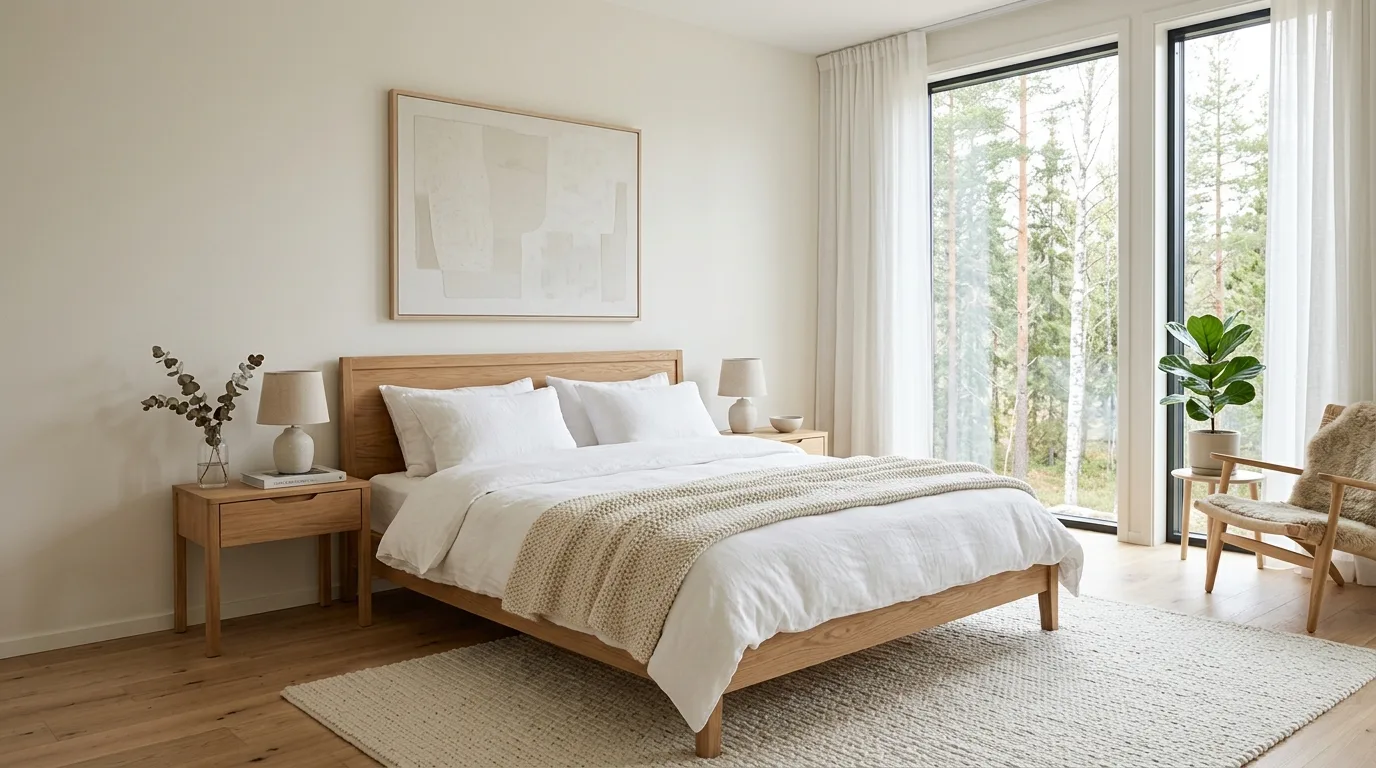 Scandinavian luxury bedroom with light wood accents and white bedding