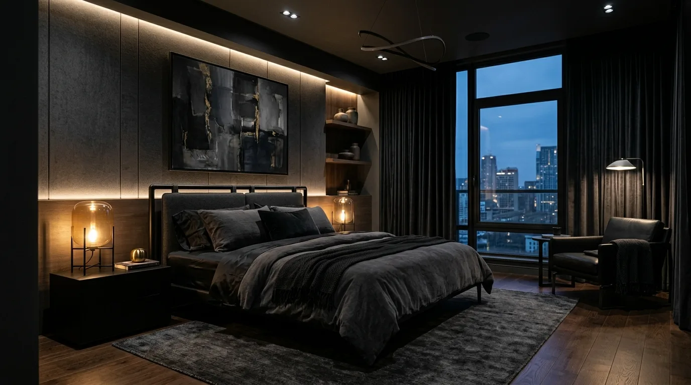 Dark modern luxury bedroom with black tones and dramatic lighting