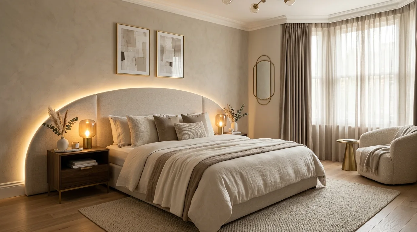 Elegant bedroom with curved headboard and warm LED strip lighting