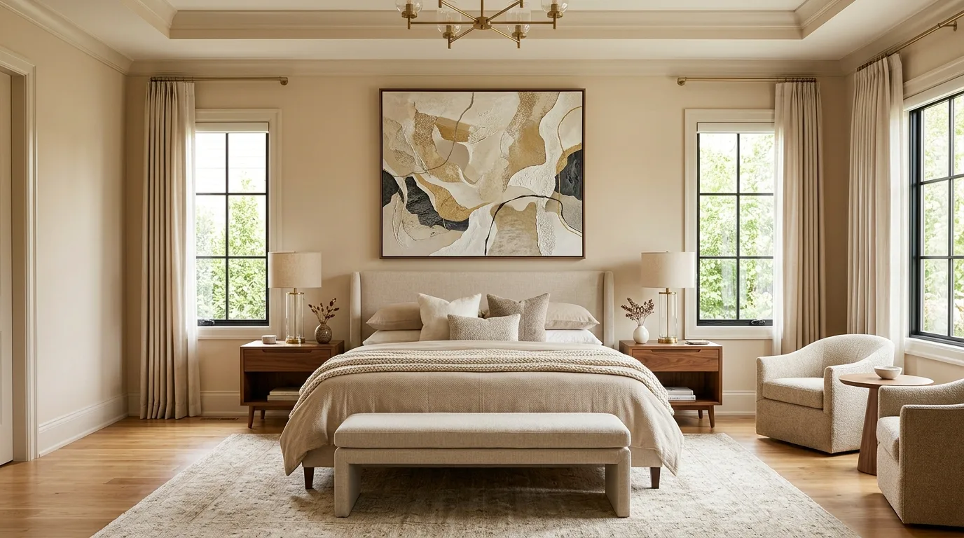 Designer bedroom with statement artwork and balanced furniture layout