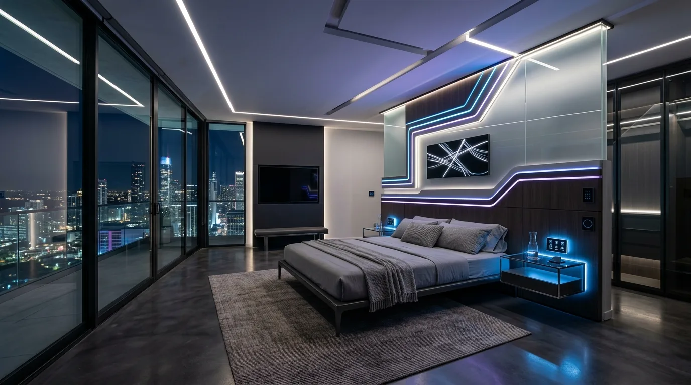 Ultra modern smart bedroom with integrated lighting and floating nightstands