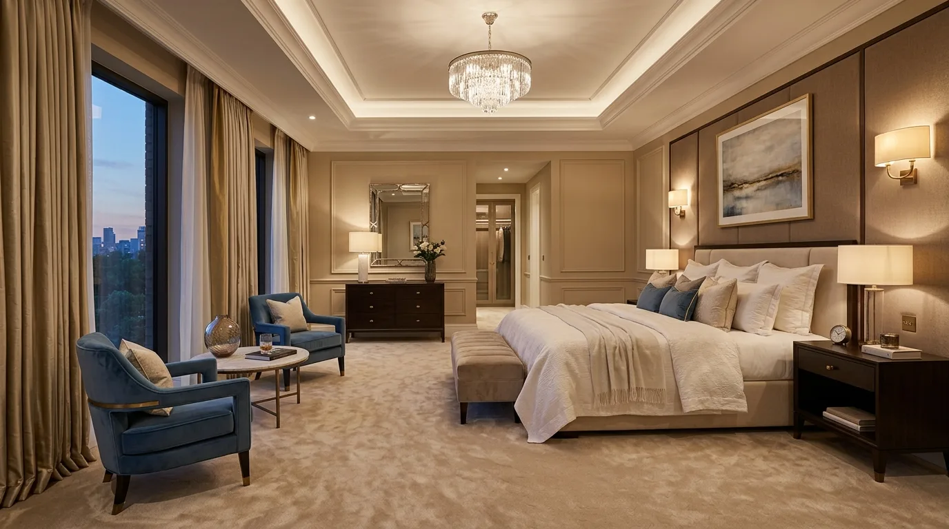 Luxury master bedroom suite with seating area, plush carpet, and elegant drapery
