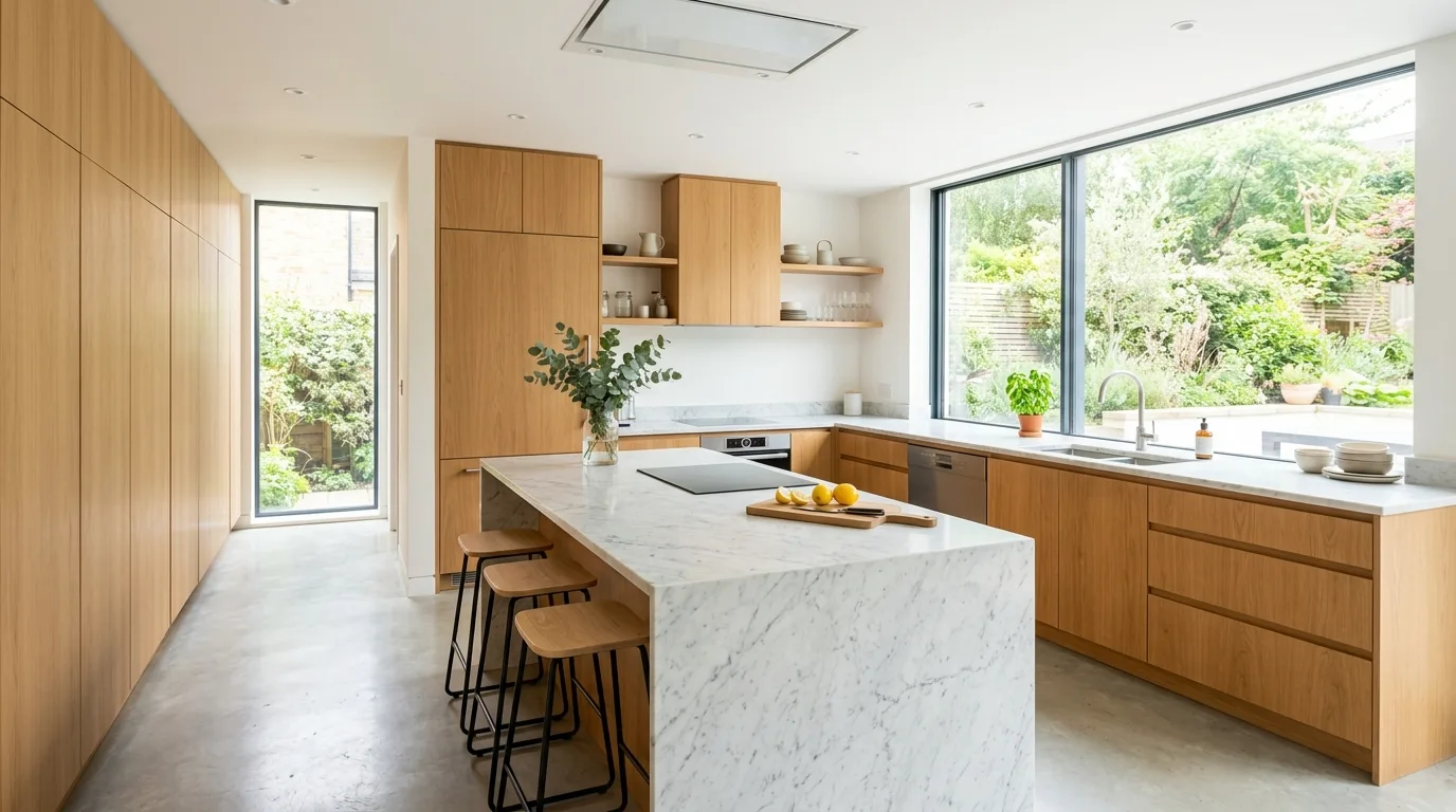 Modern kitchen with sleek cabinets and marble countertops