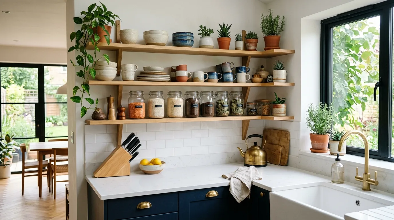 Stylish kitchen with open shelving, ceramics, glass jars, and plants