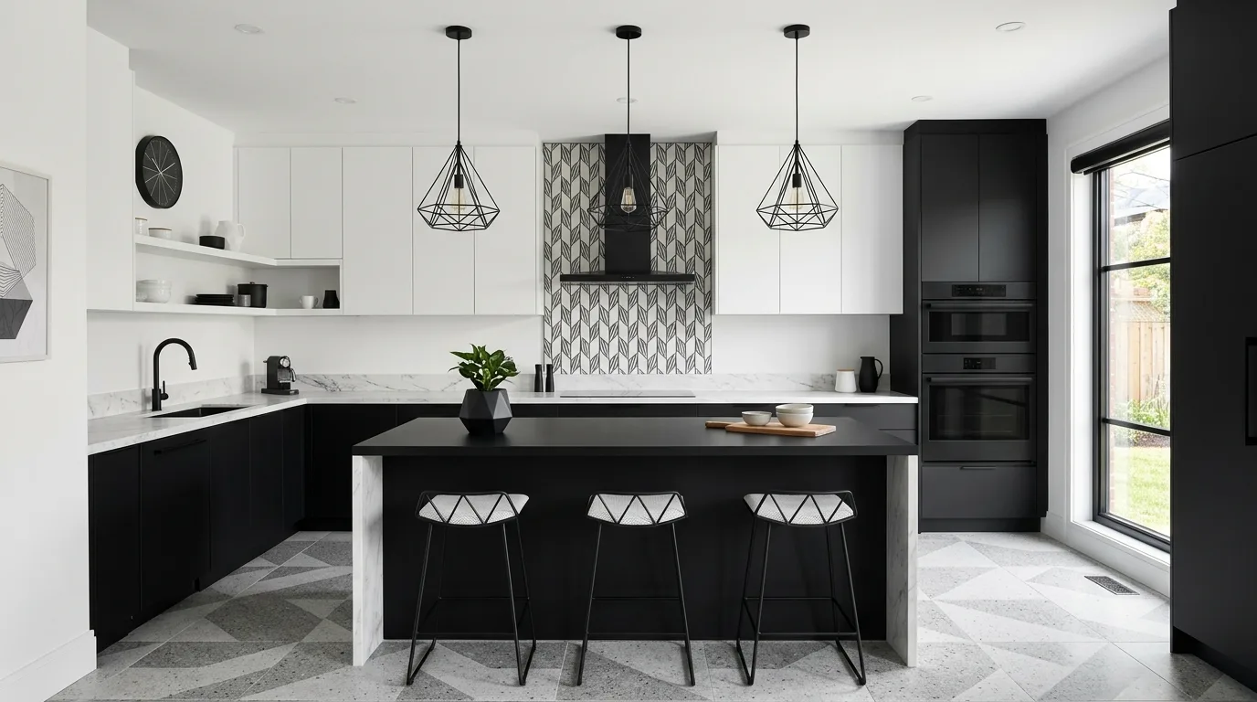Contemporary kitchen with black and white palette and matte finishes