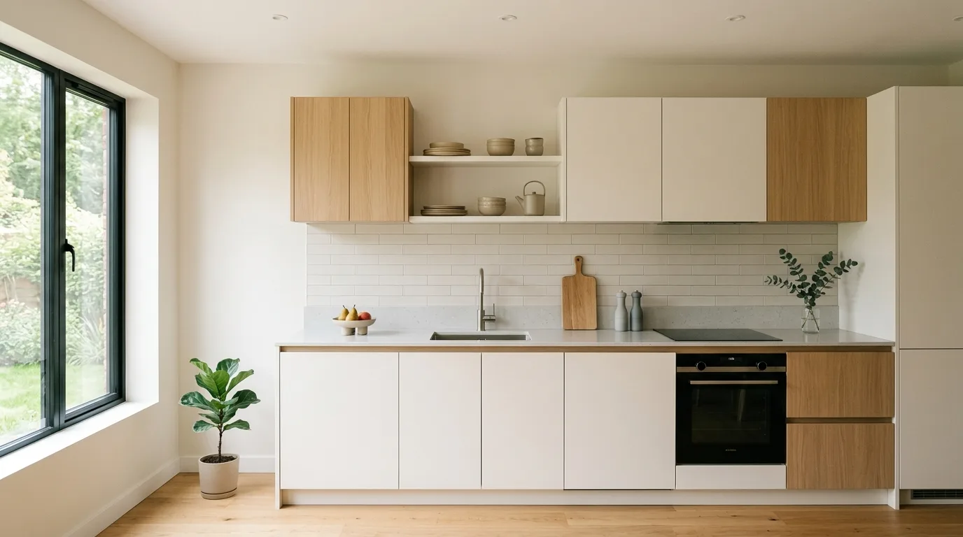 Minimalist kitchen with neutral tones and uncluttered countertops